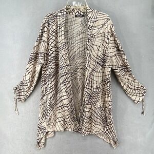 NIC+ZOE Cardigan Womens Sz M Open Front Beige Brown Abstract Print Ruched Sleeve